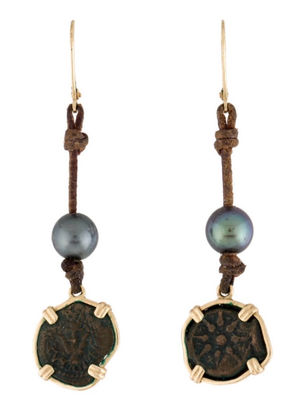 14k Wendy Mignot Coin Drop Earrings with Brown Leather and Black Pearl